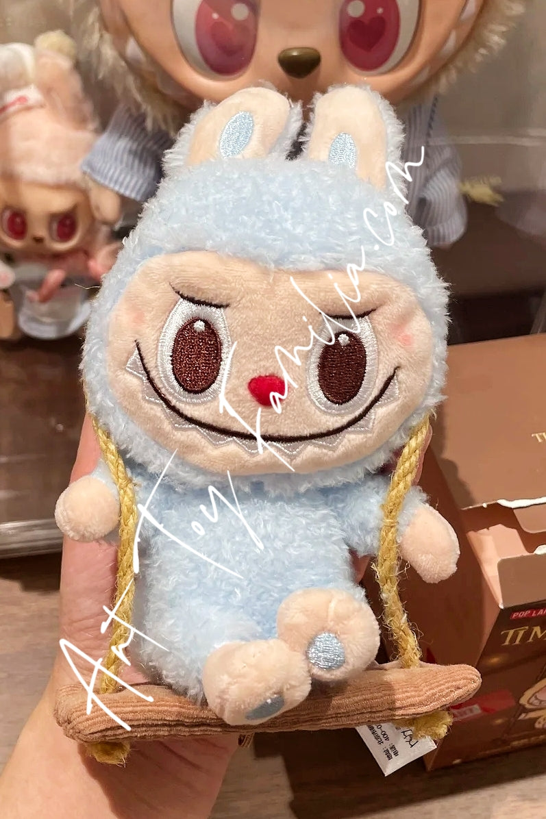 Popmart The Monsters Labubu Timber Workshop Series Playing On The Swing Plush Pendant Blue