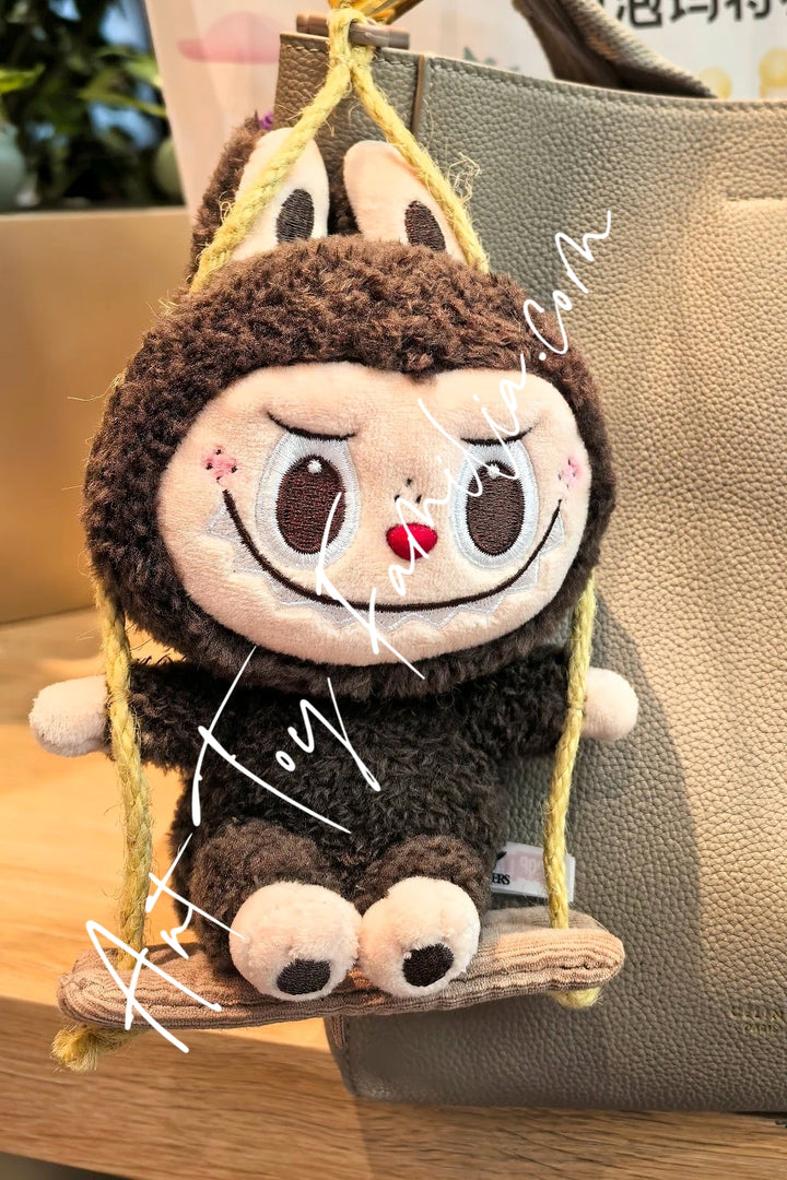 Popmart The Monsters Labubu Timber Workshop Series Playing On The Swing Plush Pendant Dark Brown