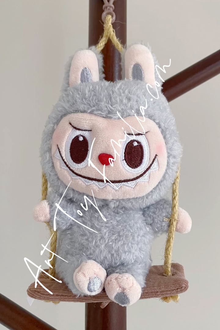 Popmart The Monsters Labubu Timber Workshop Series Playing On The Swing Plush Pendant Grey