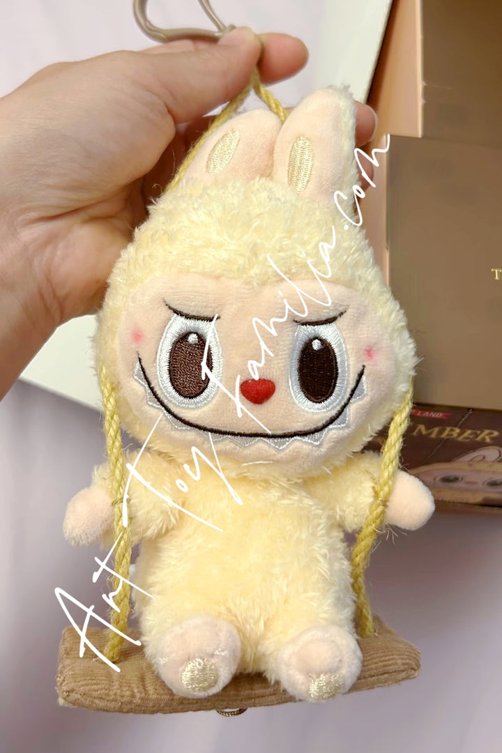 Popmart The Monsters Labubu Timber Workshop Series Playing On The Swing Plush Pendant Yellow