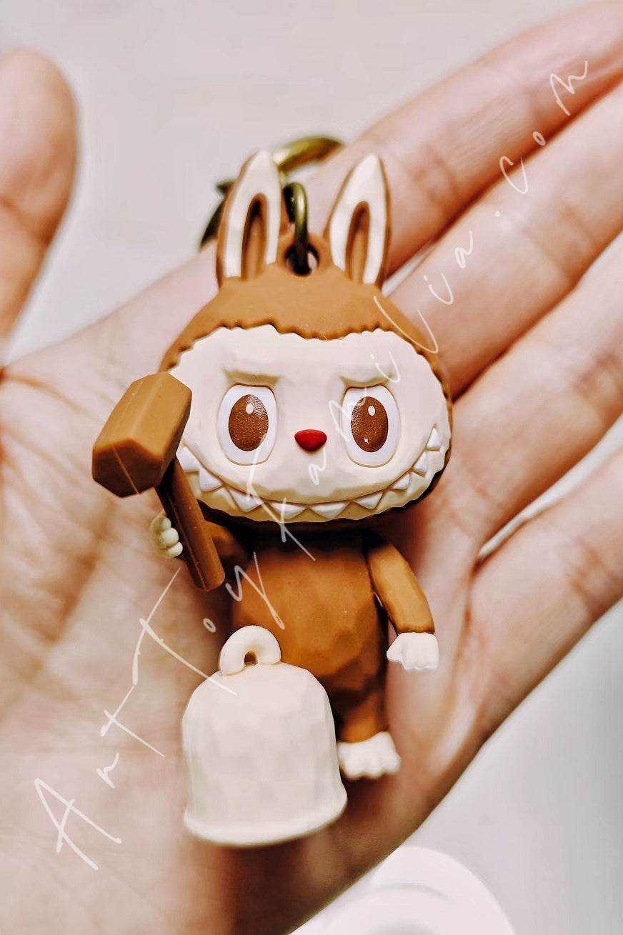 Popmart The Monsters Labubu Wood Workshop Series Keychain Strike The Bell