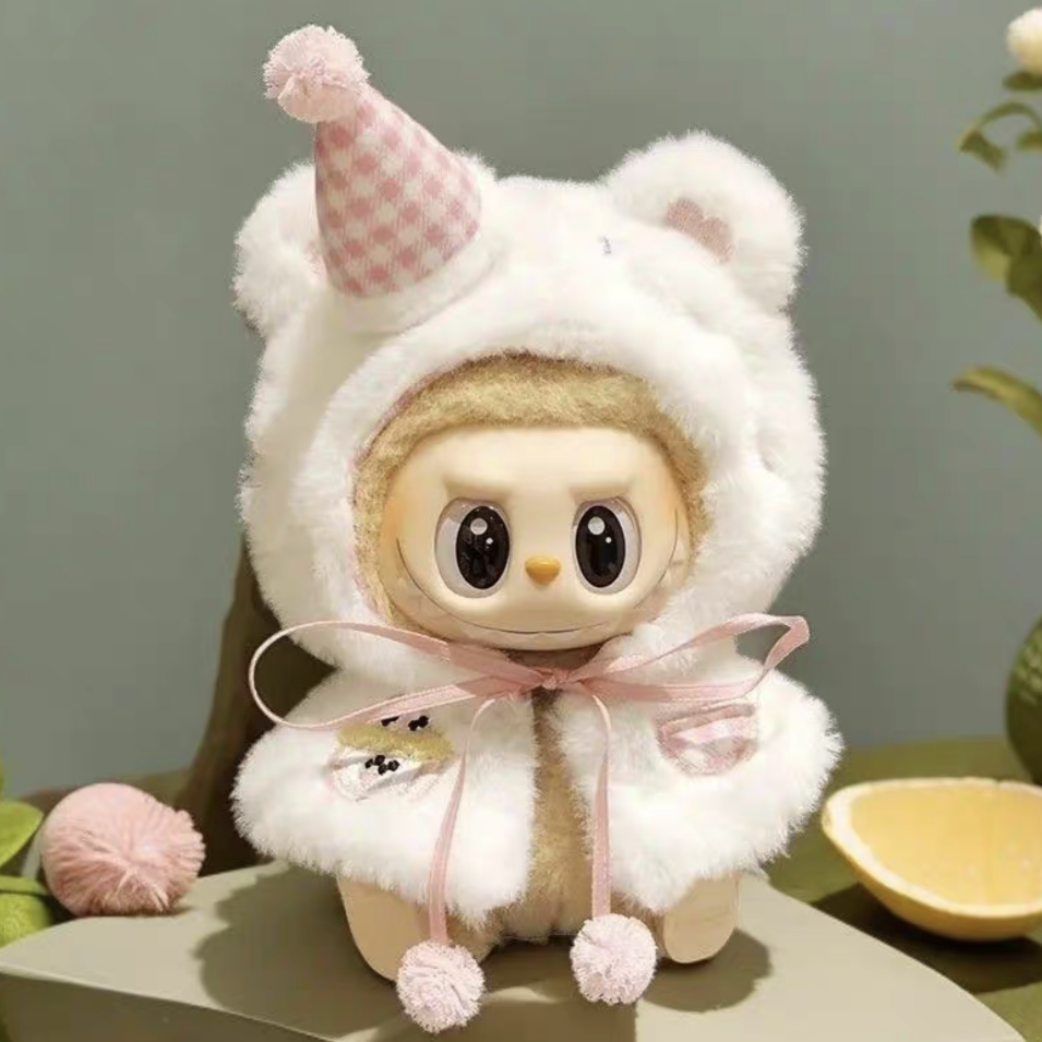 The Monsters Labubu Cloth Puff Bear Hooded Cape Pink