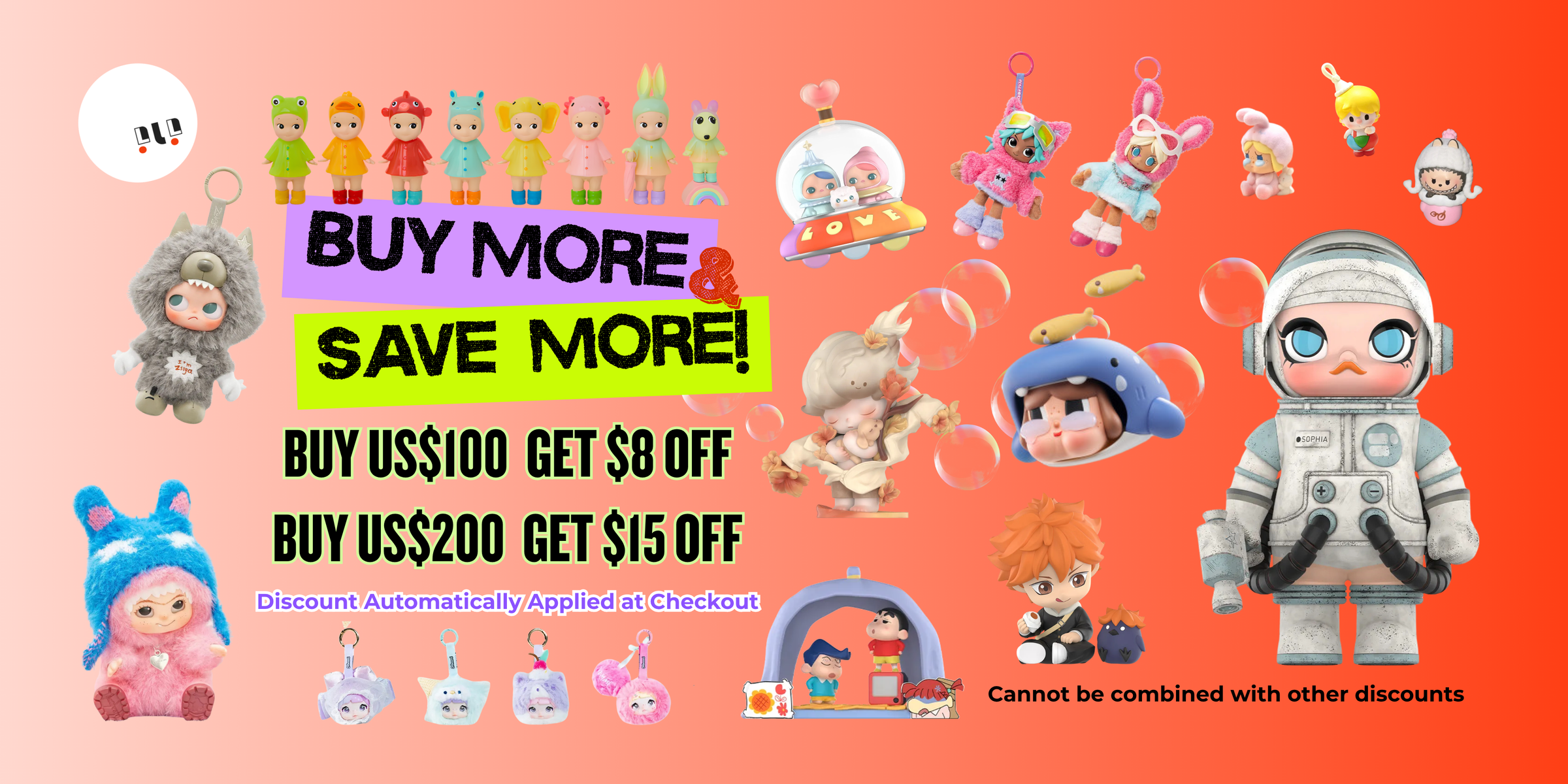 Promotional banner with cartoon characters and discount text on a pink background
