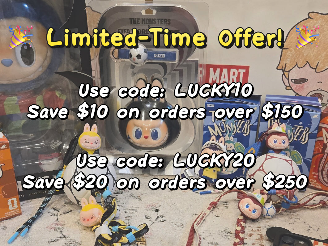 Toy figures with promotional text for limited-time offer and discount codes on a map background