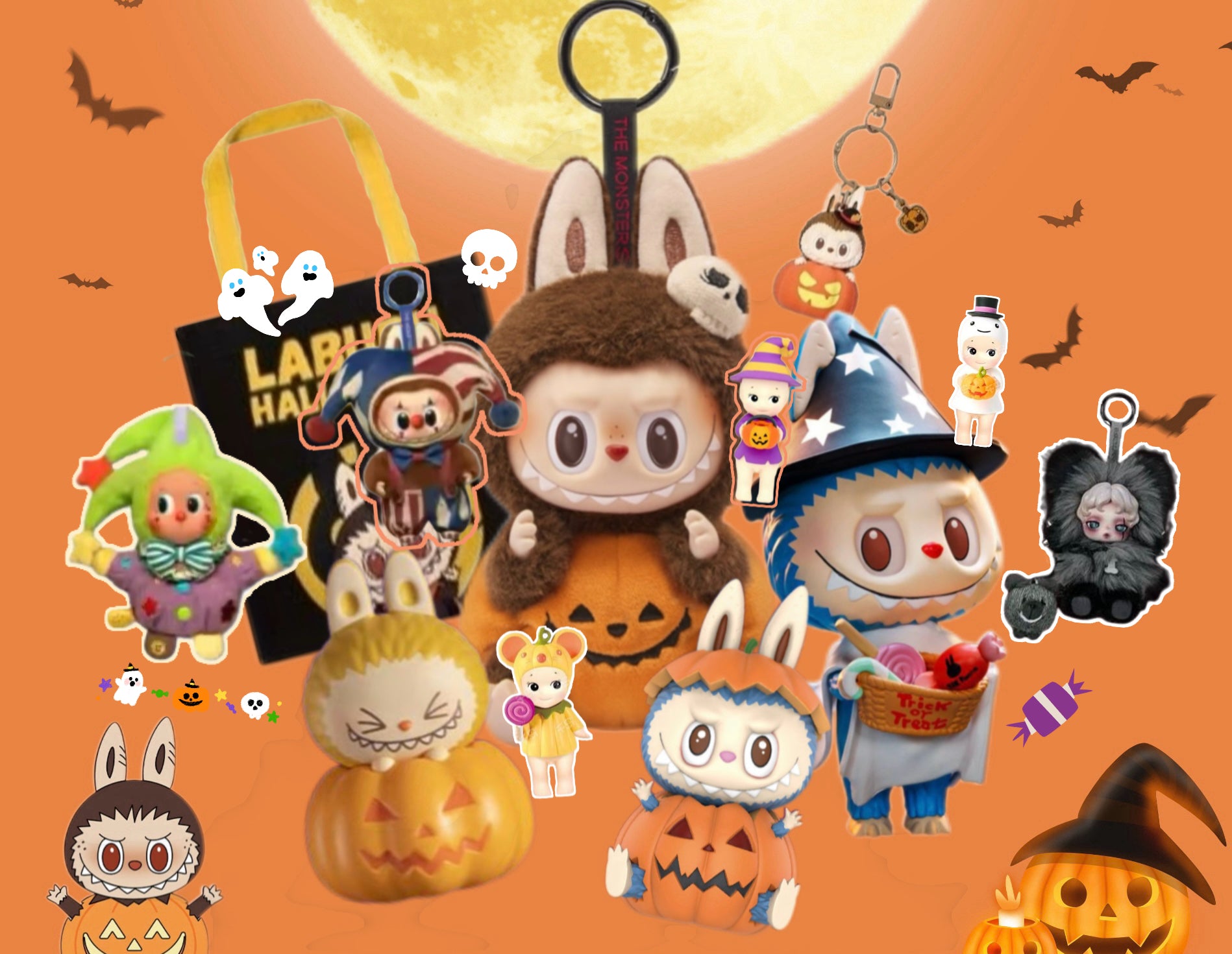 halloween & pumpkim labubu, skullpanda, sonny angel, etc